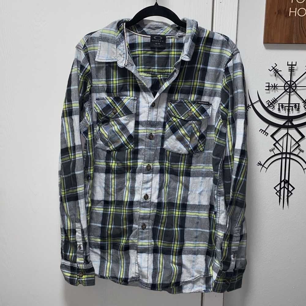 Men's Oakley Gray And Green Cotton Plaid Button Down‎ Long Sleeve Shirt Medium